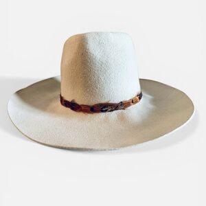 Womens Wide Brim Felt Fedora Hat with Feather Band - Cream